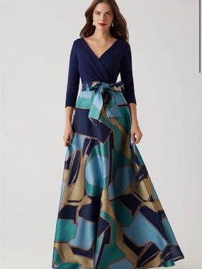 NWT- Teri Jon Jersey Top Organza Jacquard Maxi Dress Geometric Pattern Skirt